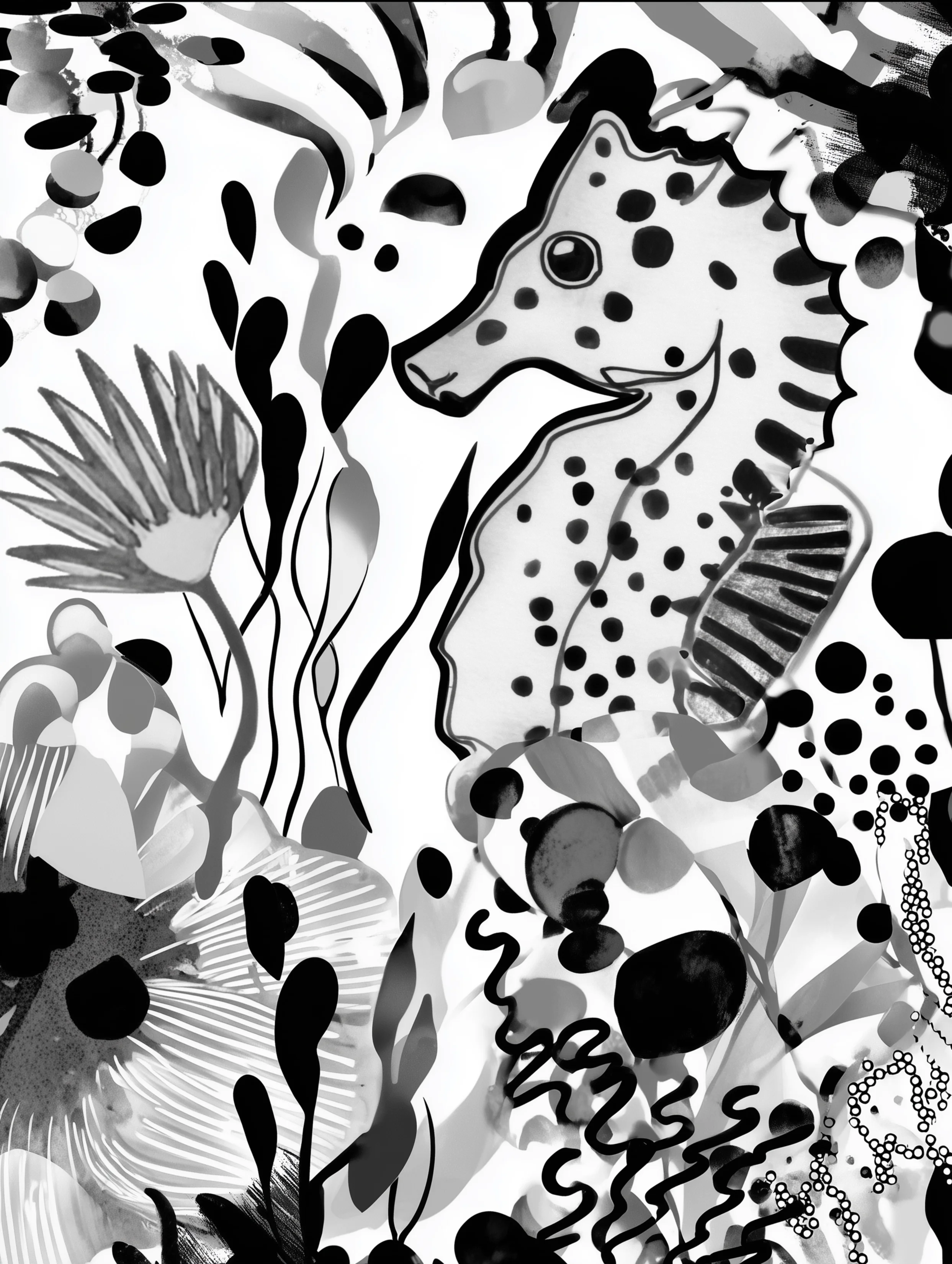 Free printable underwater coloring page for adults featuring a pretty seahorse